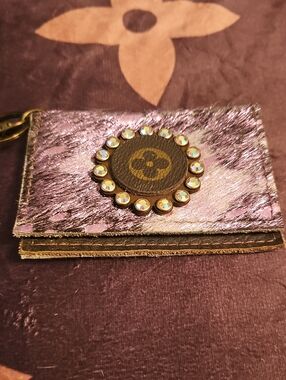 Embellished Purple Leather Card Holder with Logo Medallion Upcycled.
